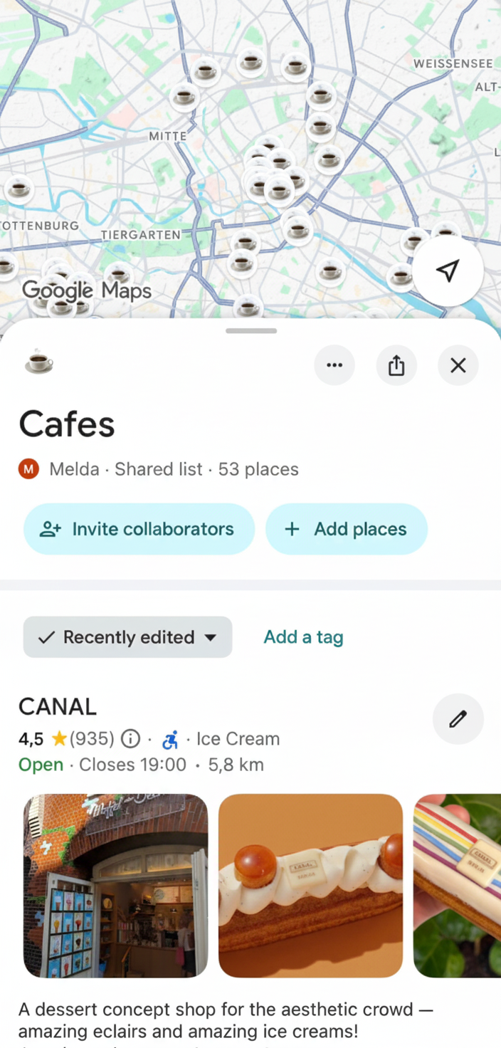 Berlin cafes map preview showing local coffee spots